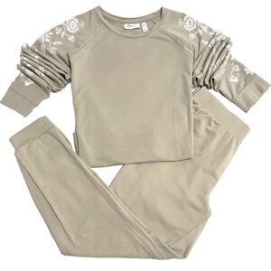 Matching Sweatshirt Floral Sleeve and Jogger with Tapered Legs Large Taupe